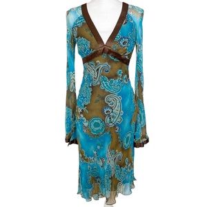 Cache Blue and Brown Long Sleeve Dress